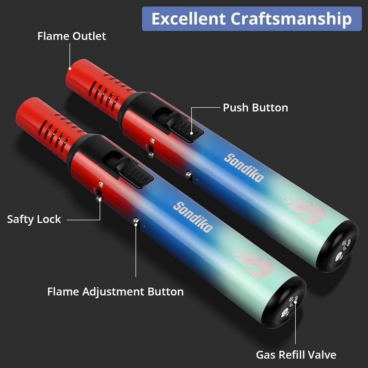 STABFEUERZEUG 2-teiliges Set nachfüllbar mit Sicherheitssperre und einstellbarer Flamme - Multicolor, Metall (3/2/18cm)
