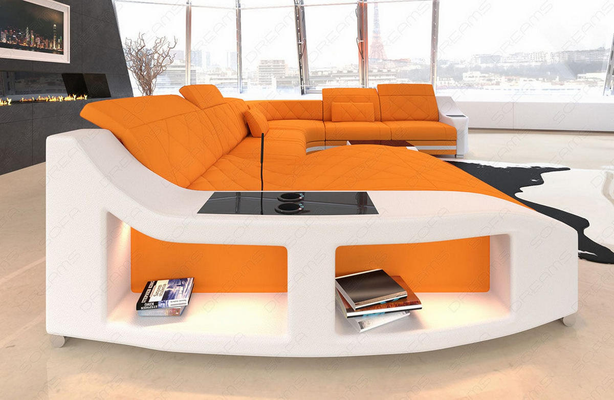 WOHNLANDSCHAFT Stoff Wohnlandschaft Swing Apricot Weiß Mikrofaserstoff - Orange, Kunststoff (404/90/295cm)