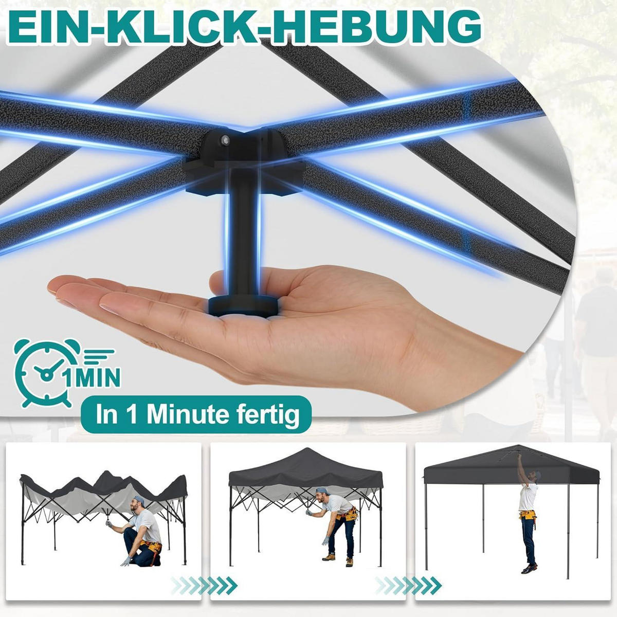 FALTPAVILLON 3 x 3 m Anthrazit mit One-Touch Lift - Anthrazit, Textil (300/260/300cm)