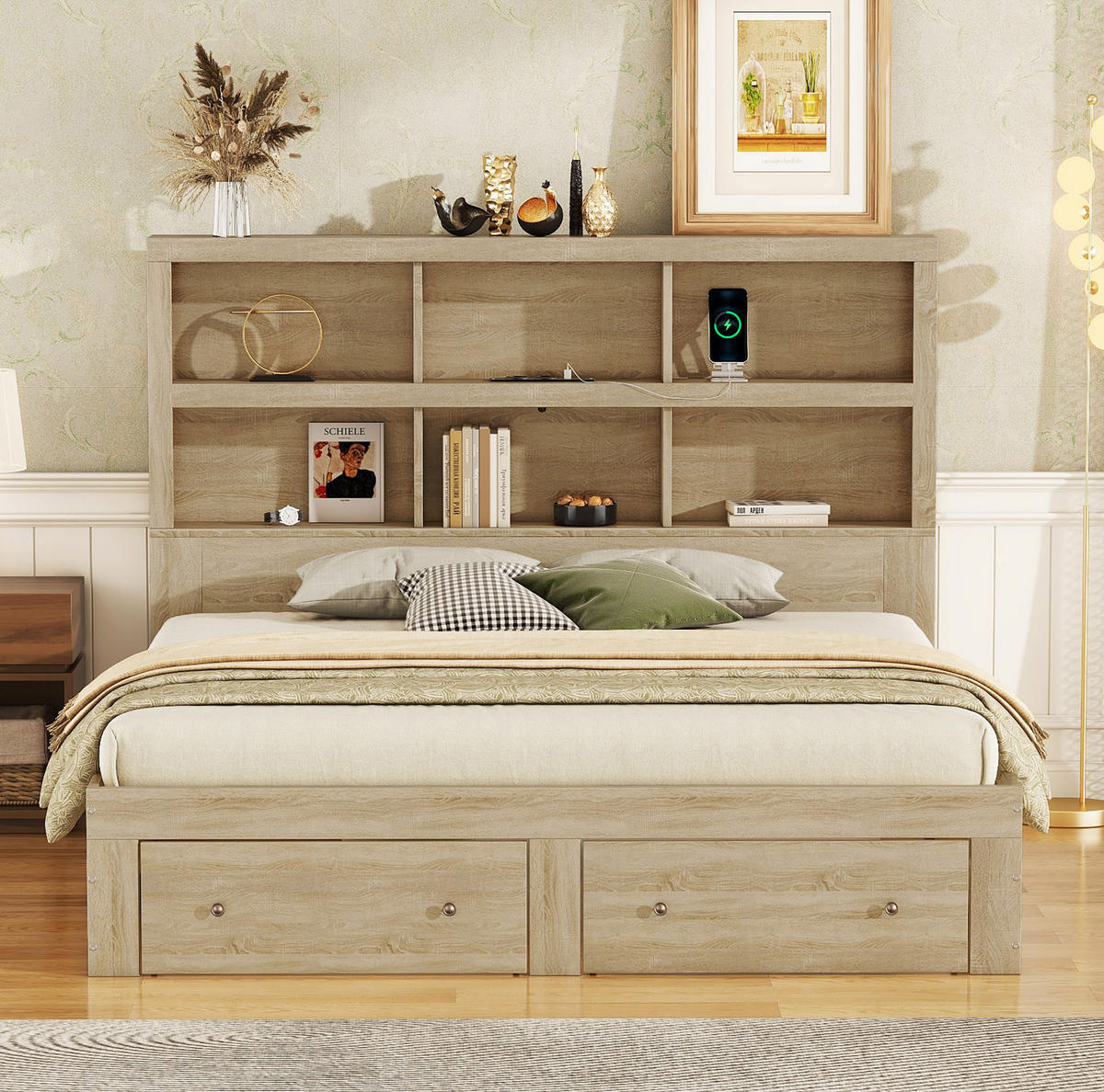 POLSTERBETT aus Spanplatte 160x200 cm in Natur mit USB & Stauraum - Naturfarben, Holzwerkstoff (160/200cm) - Modfu