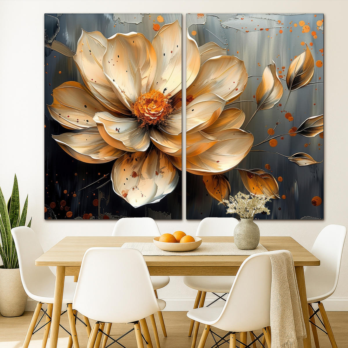 LEINWANDBILD 2er Set Blume - Gold - Abstrakt - Farbe 240x180 cm - Creme, Textil (240/180cm) - MuchoWow