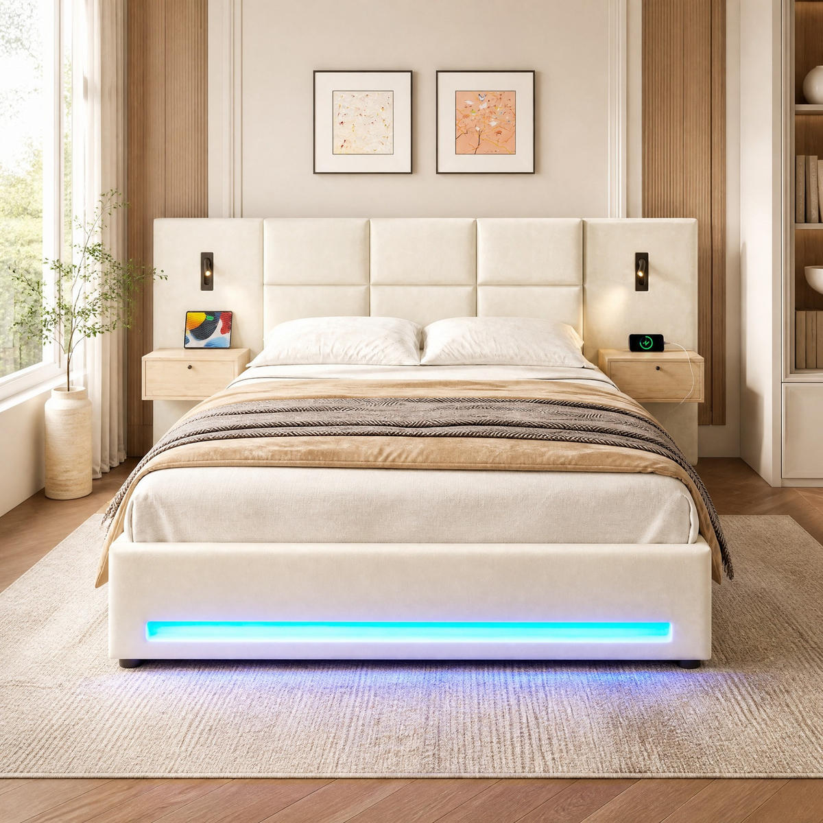 POLSTERBETT 180/200 mit Bettkasten, LED, USB-C und Kopfteil-Schubladen - Beige, Holzwerkstoff/Textil (180/200cm) - EVRYAE