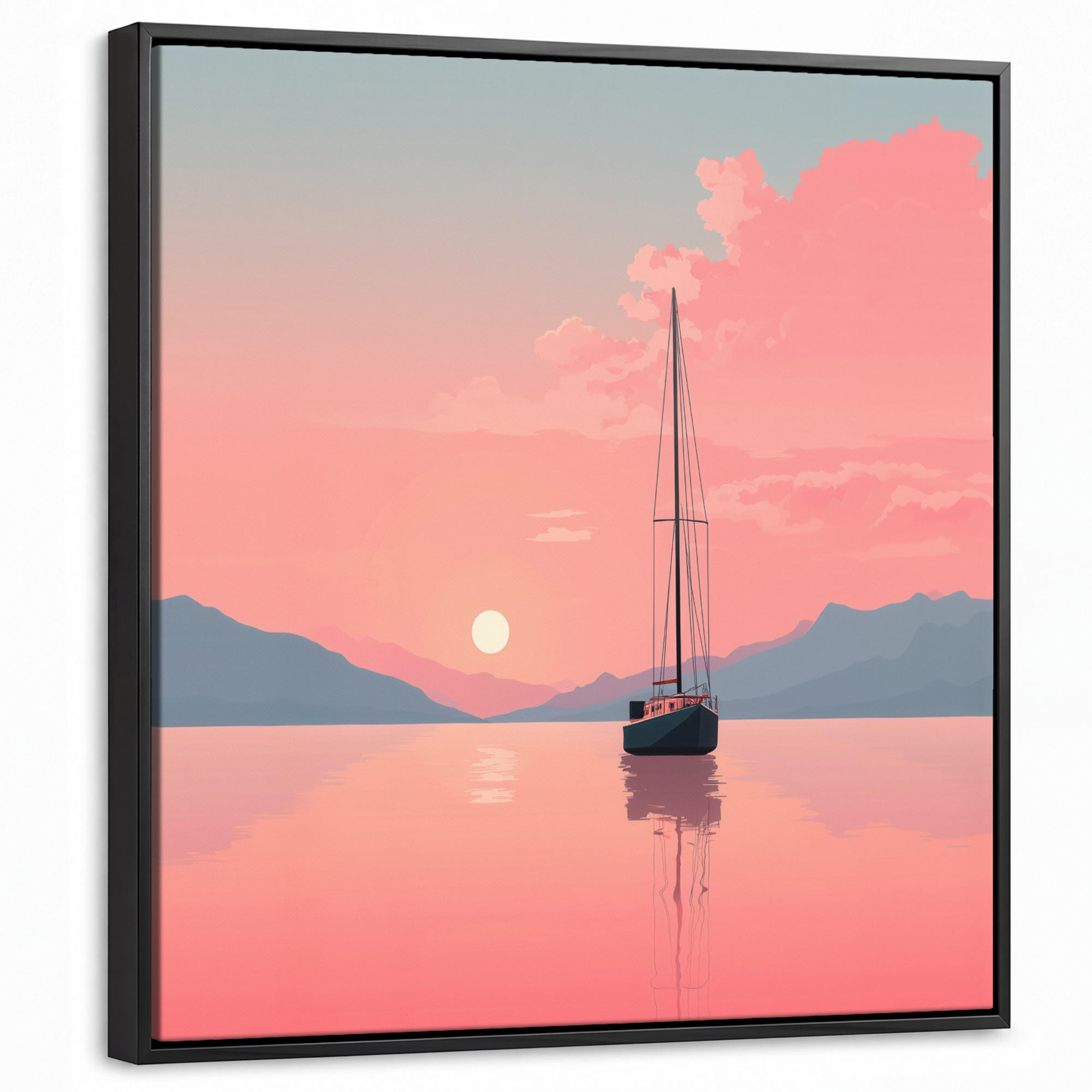 LEINWAND Bilder mit Rahmen - Segelboot - Rosa Meer - Sonnenuntergang - Berge - 50x50 - Rosa, Textil (50/50cm) - MuchoWow