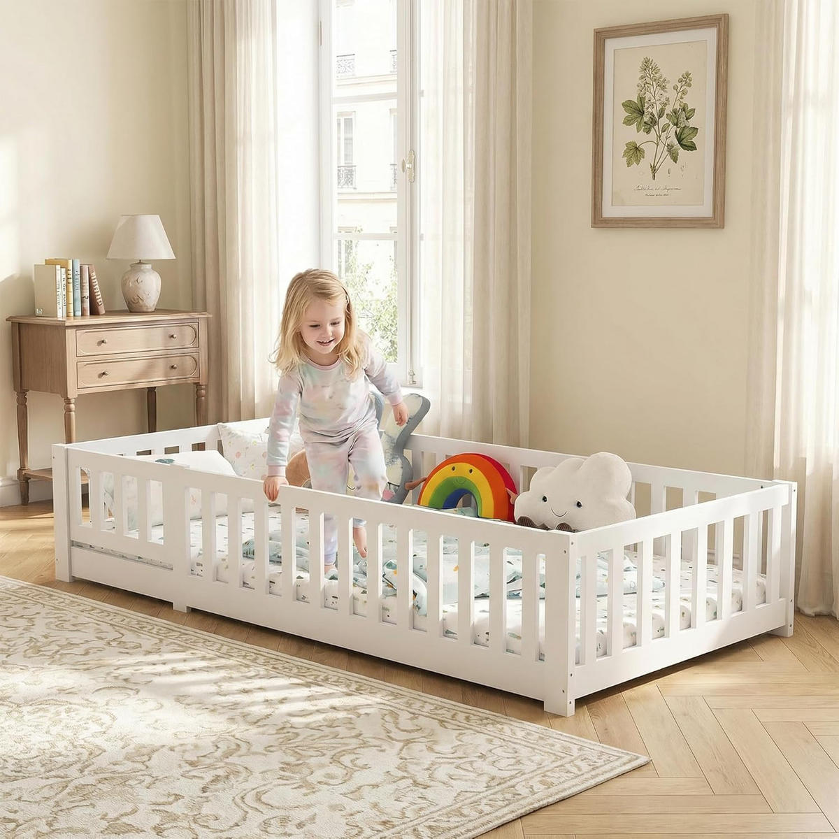 KINDERBETT 90x200 Bodenbett mit Rausfallschutz, Montessori Bett aus Massivholz - Weiß, Holz/Metall (90/200cm) - PARAFTA HOME
