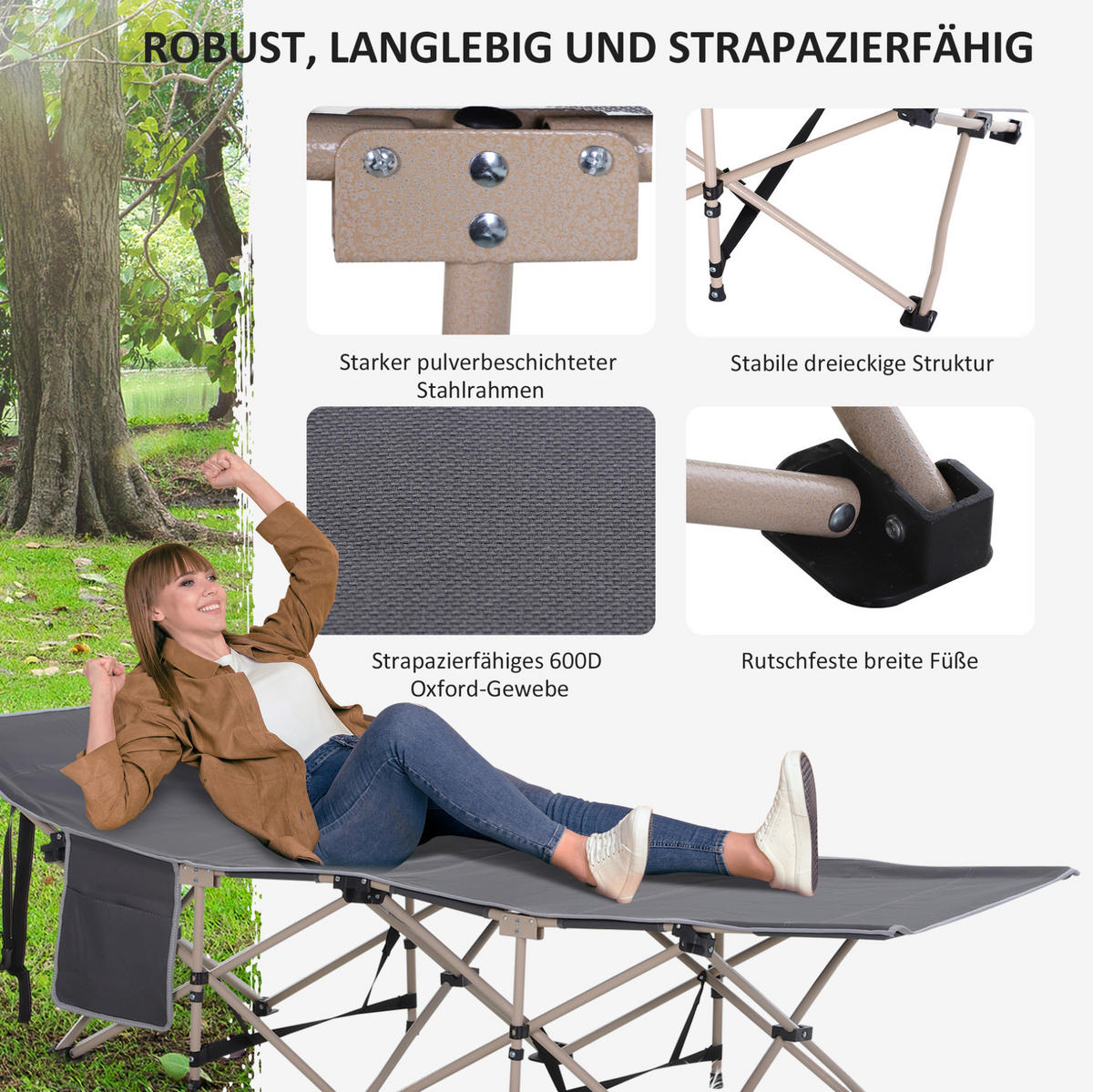 KEMPINGOVÉ lehátko 190/68/52 cm tmavě šedé z polyesteru skládací s taškou - tmavě šedá, plast (68/52/190cm) - OKWISH