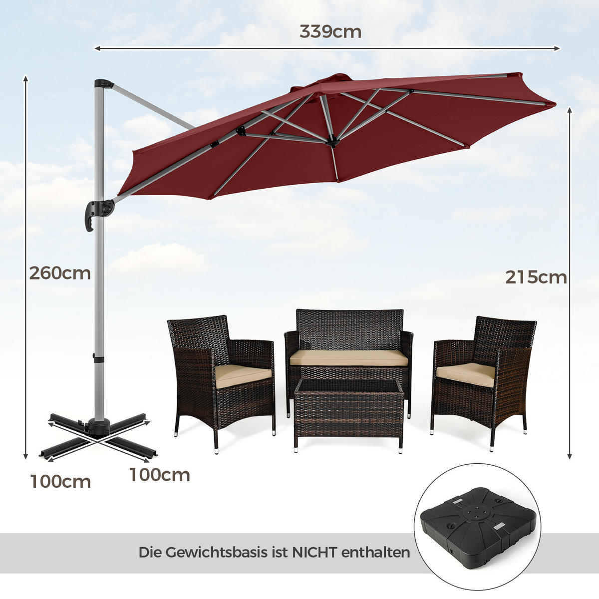 SLNEČNÍK 339 cm červený - červená, textil (339/339cm) - COSTWAY