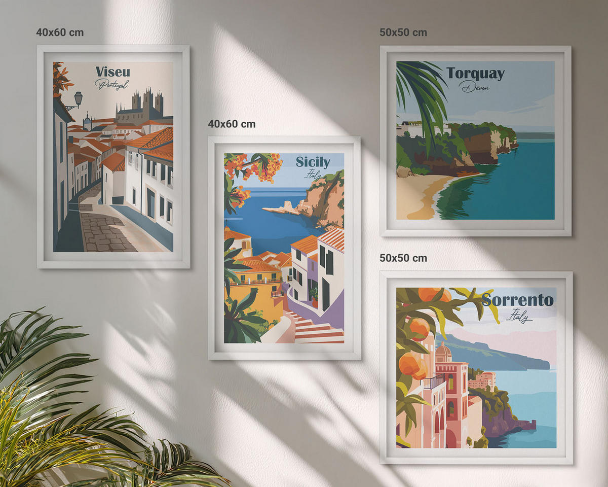 WANDBILDER 4er-Set - 50x50 cm & 40x60 cm Weißer Rahmen - Retro-Illustrationen von Weltstädten - Weiß, Kunststoff (50/50cm) - ArtPrintCave