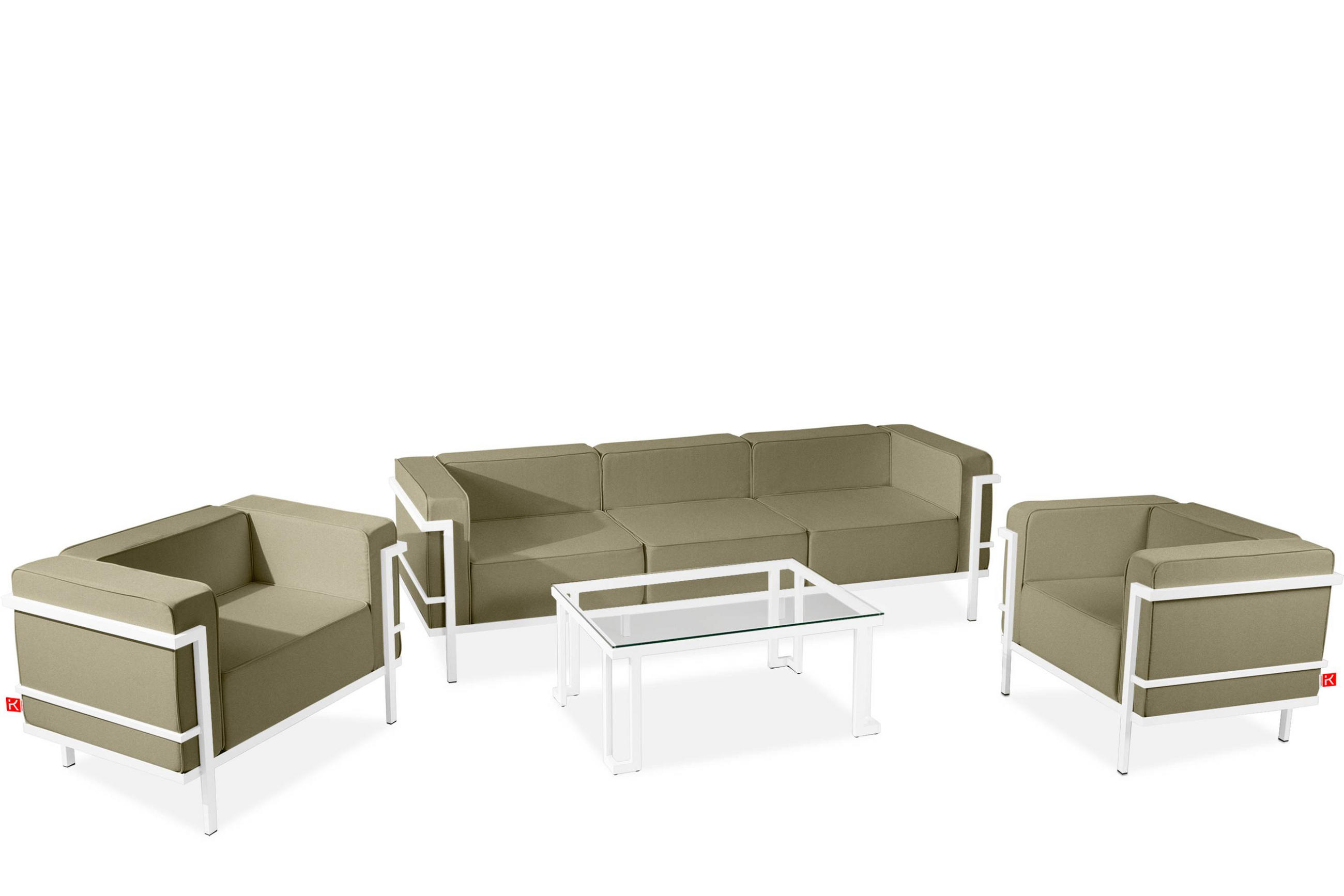 GARTENLOUNGE-SET TRIGLO 1x Tisch, 2x Sessel, 1x Sofa 3-Sitzer, 4-tlg., Modern, Weiß/Beige - Beige/Weiß, Textil/Metall - KONSIMO®