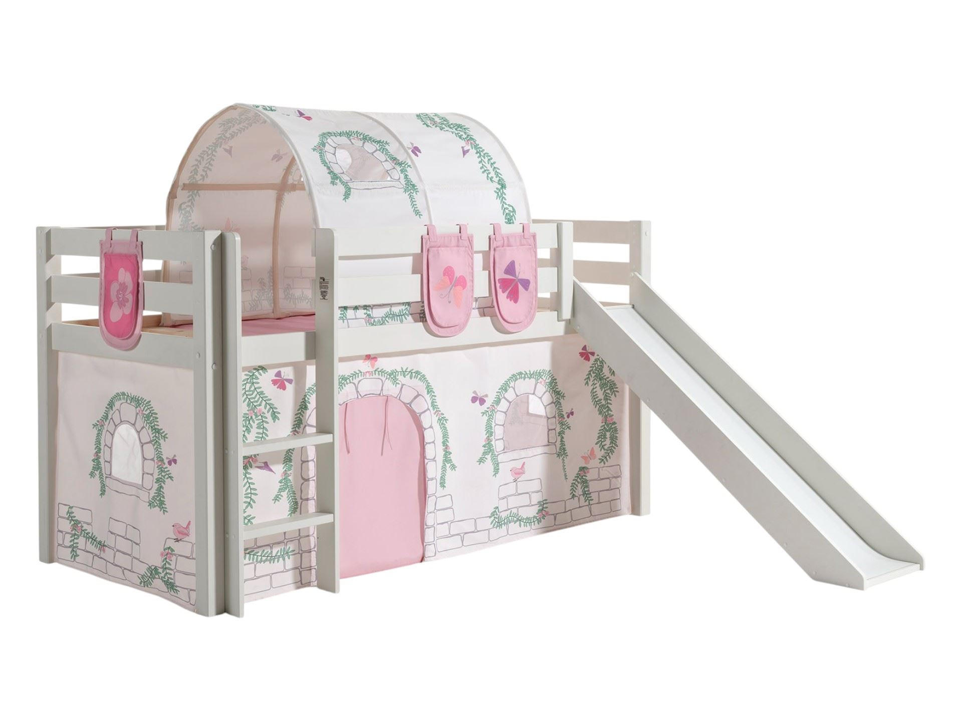 HOCHBETT mit Rutsche Karolina Massivholz Weiß Textilset Burg 4 - Hellgrau/Weiß, Holz (90/200cm) - 58aufmkessel