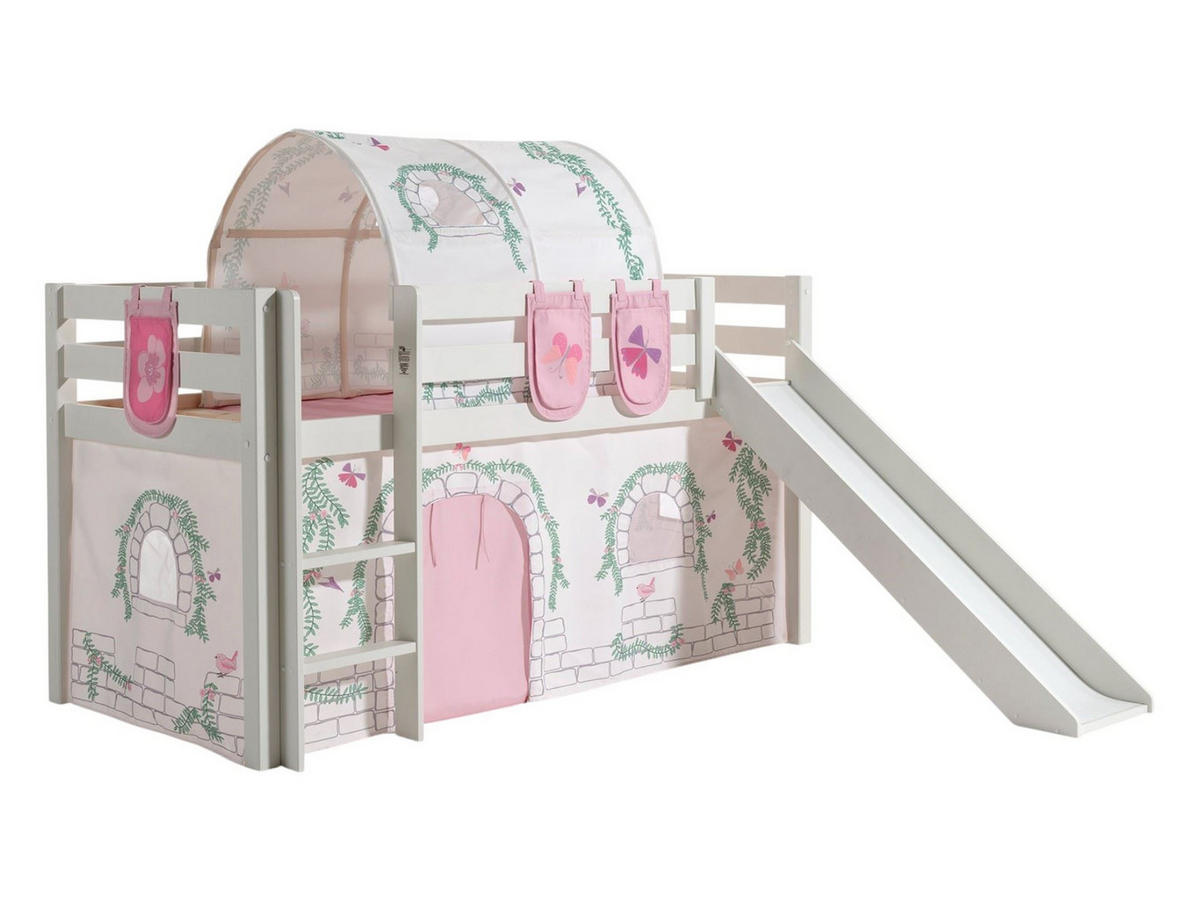 HOCHBETT mit Rutsche Karolina Massivholz Weiß Textilset Burg 4 - Hellgrau/Weiß, Holz (90/200cm) - 58aufmkessel