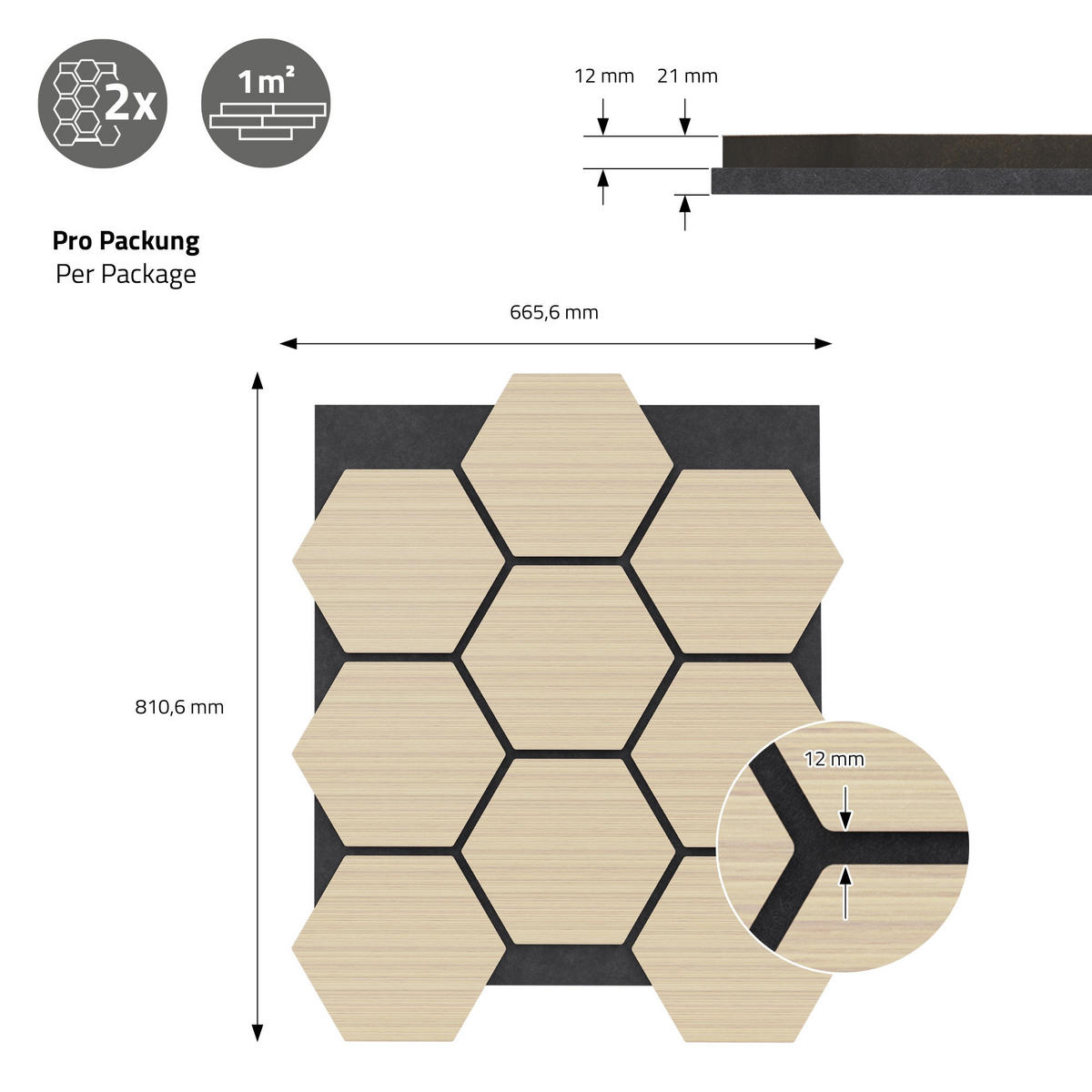 AKUSTIKPANEEL Echtholz 2er Set Eiche Hexagon - Hellbraun, Holzwerkstoff (2.1/81.1/66.6cm) - ML-DESIGN