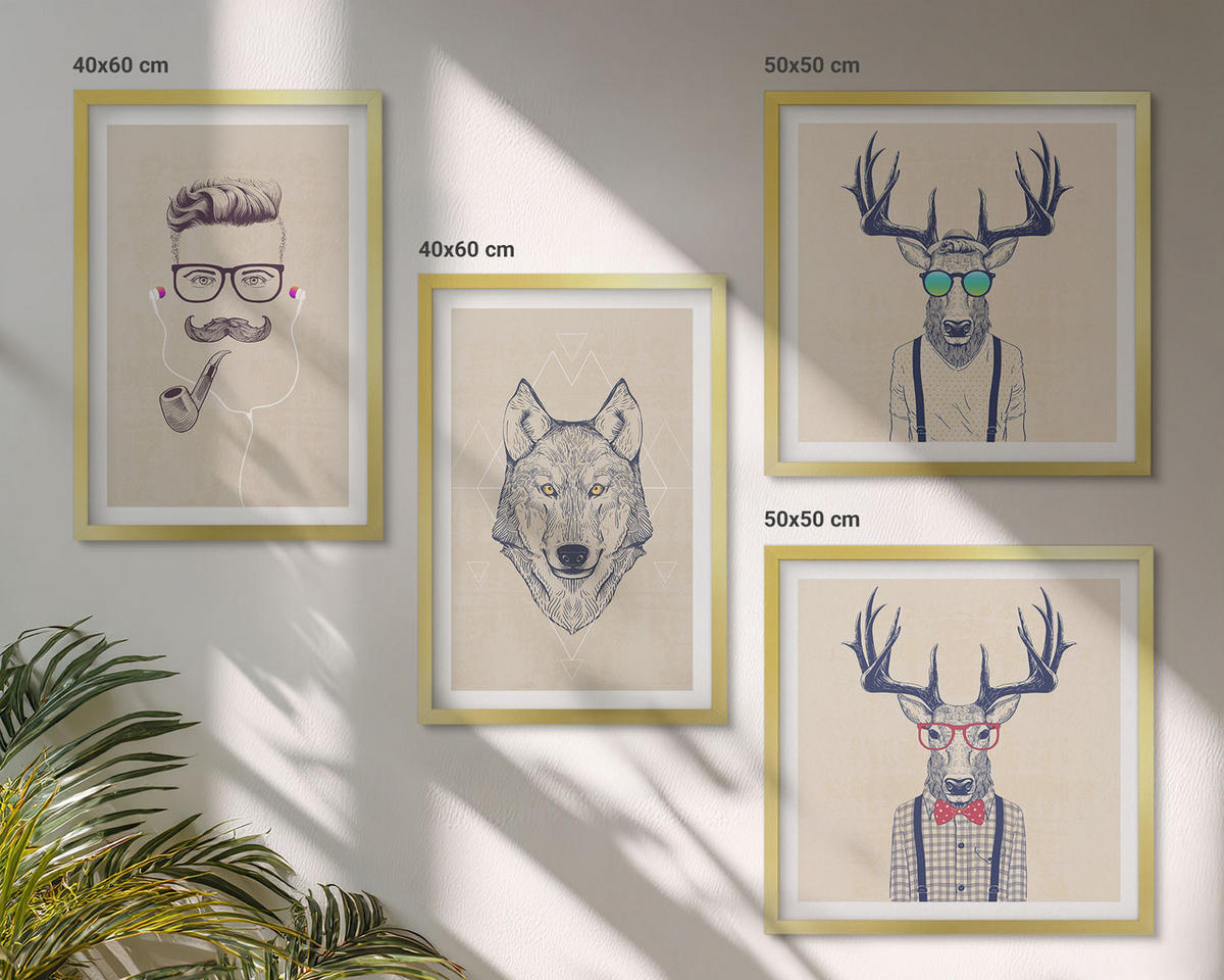 WANDBILDER 4er Set - 50x50 cm & 40x60 cm Goldrahmen - Stilvolle Tierporträts - Goldfarben, Kunststoff (50/50cm) - ArtPrintCave