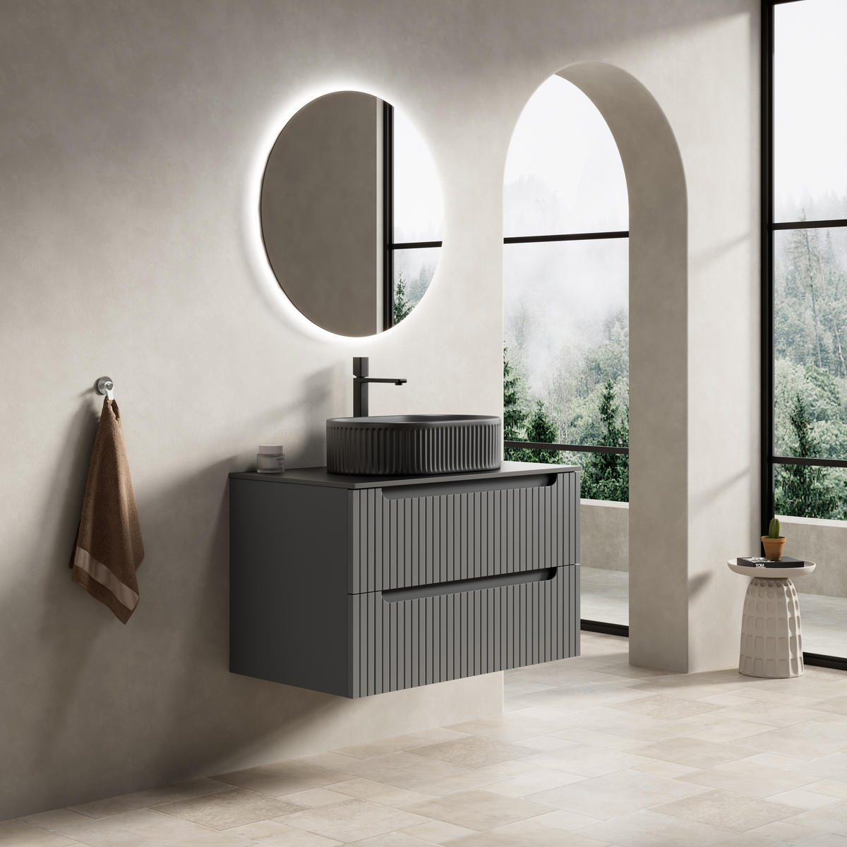 WASCHTISCHUNTERSCHRANK 80x46x62.2cm Schwarz/Dunkelgrau mit ovalem Keramikbecken & 2 Schubladen - Dunkelgrau, Keramik (80/62.2/46cm) - Modfu