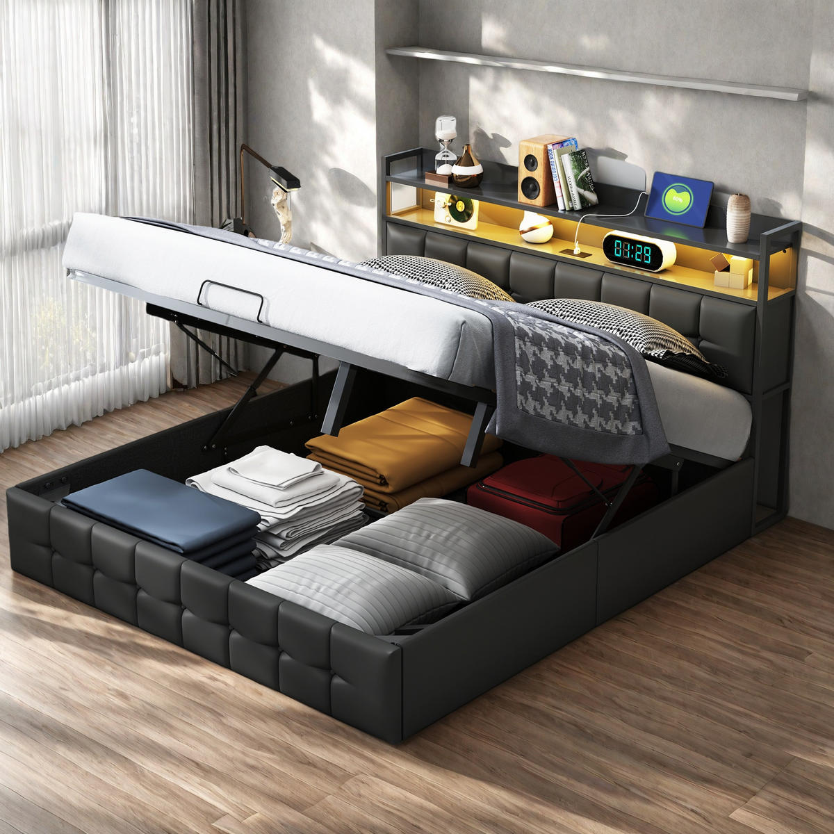 POLSTERBETT 140x200 cm LED Kopfteil Lattenrost PU Leder schwarz - Schwarz, Holz (140/200cm) - LEBENLANG