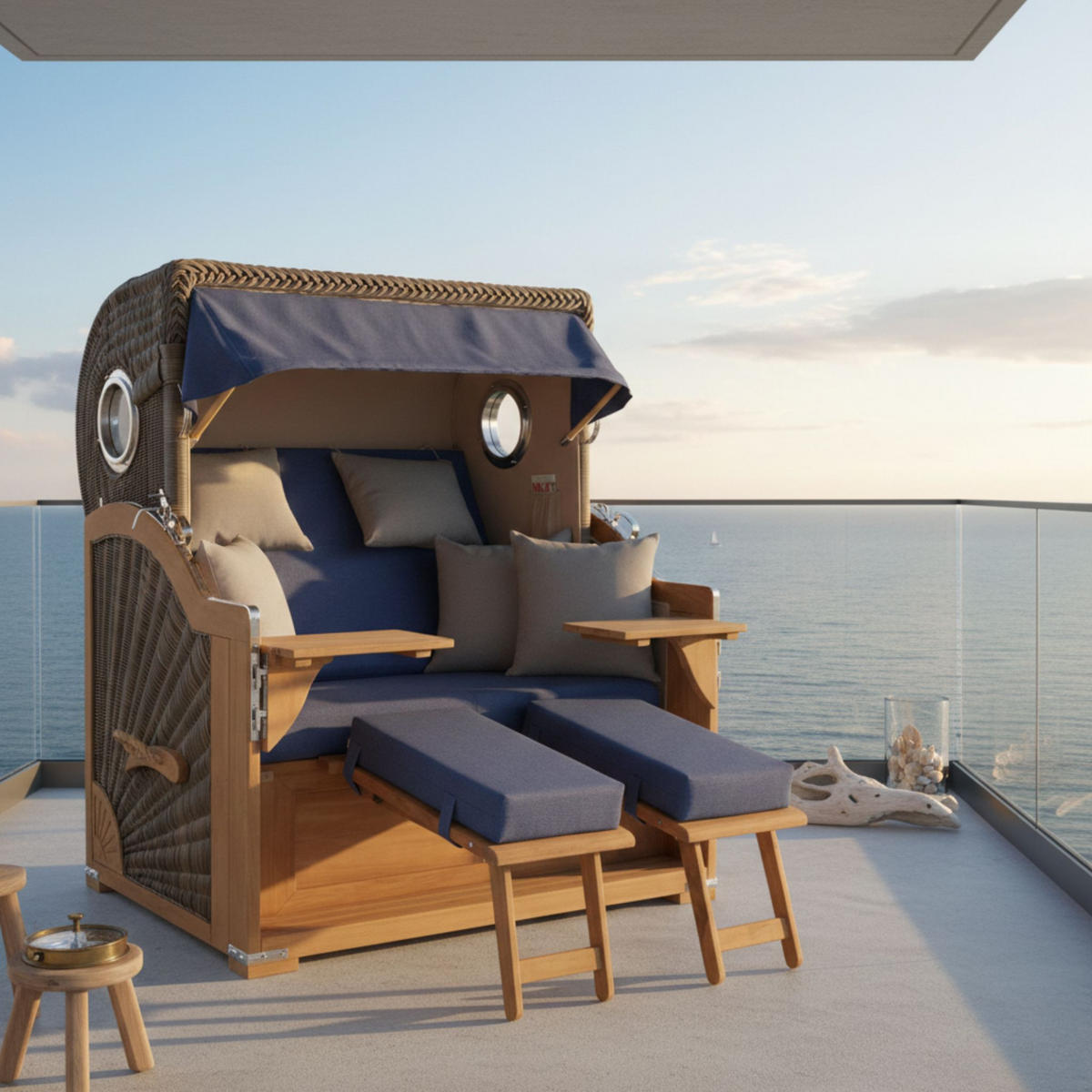 STRANDKORB Baltikum Teak 2,5 Sitzer - Blau/Braun, Holz/Metall (142/170/95cm) - Mr. Deko