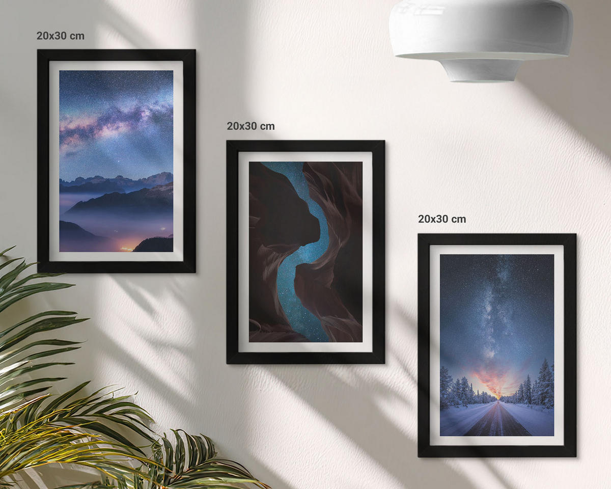 WANDBILDER 3er-Set - 20x30 cm Schwarzer Rahmen - Nachthimmel, Berge, Winterlandschaft - Schwarz, Kunststoff (20/30cm) - ArtPrintCave