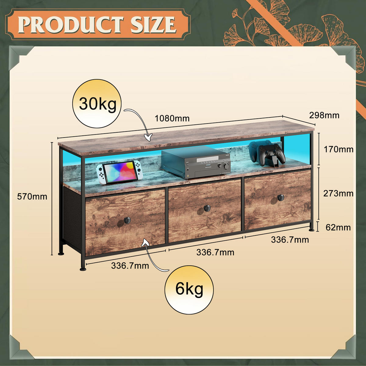 TV-SCHRANK, TV Board mit LED, 108 cm, Fernsehtisch mit 3 Stoffschublade - Schwarz, Holz (30/57/108cm)