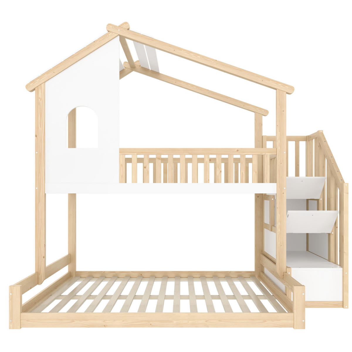 ETAGENBETT 90/200 cm Natur-Weiß aus Kiefer mit Stauraumtreppe Hausoptik - Naturfarben, Holzwerkstoff (90/200cm) - OKWISH