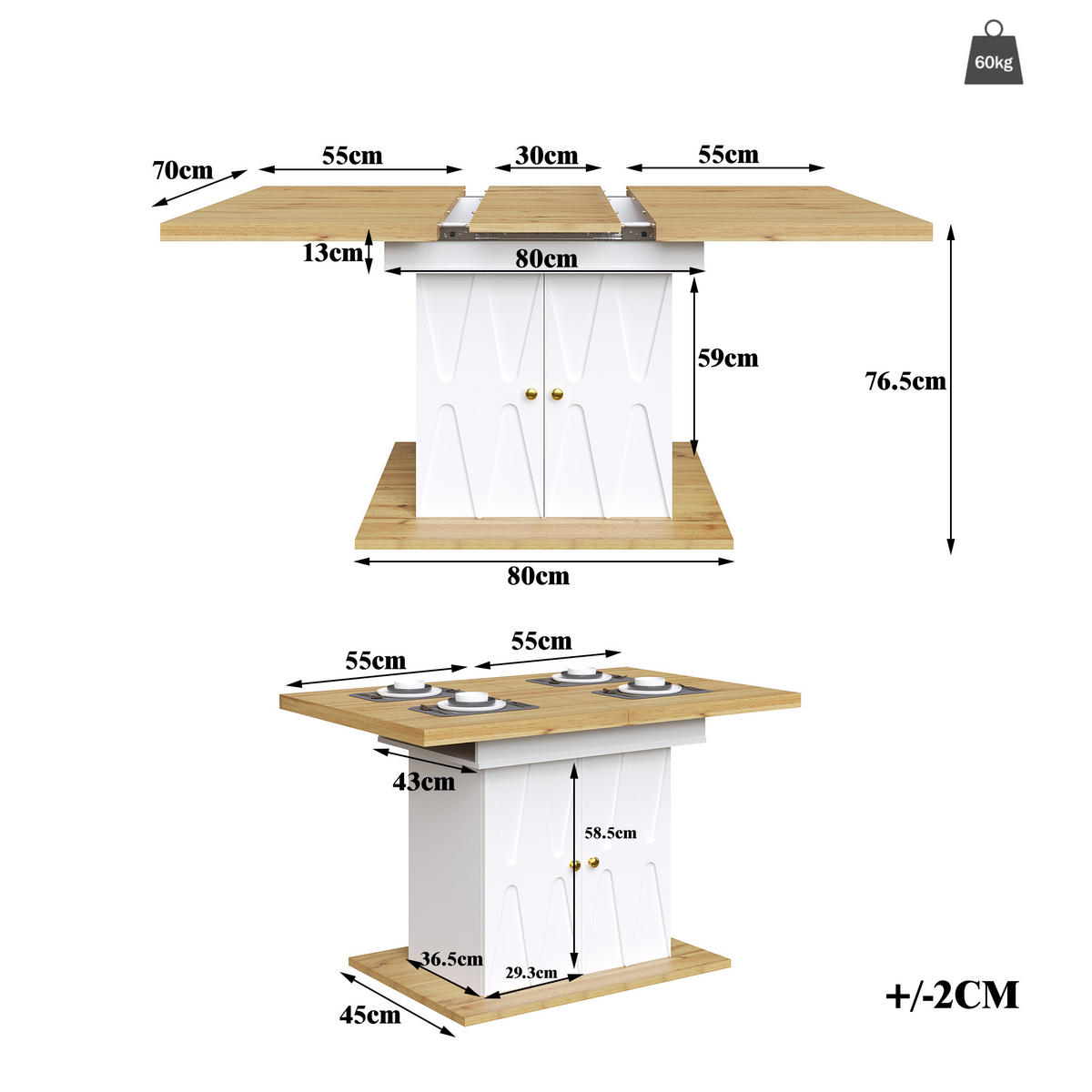 ESSTISCH ausziehbar mit Stauraum, MDF & Metall, 110(140)/70/76,5 cm, Weiß - Weiß, Holzwerkstoff (110/70/76.5cm) - Redom
