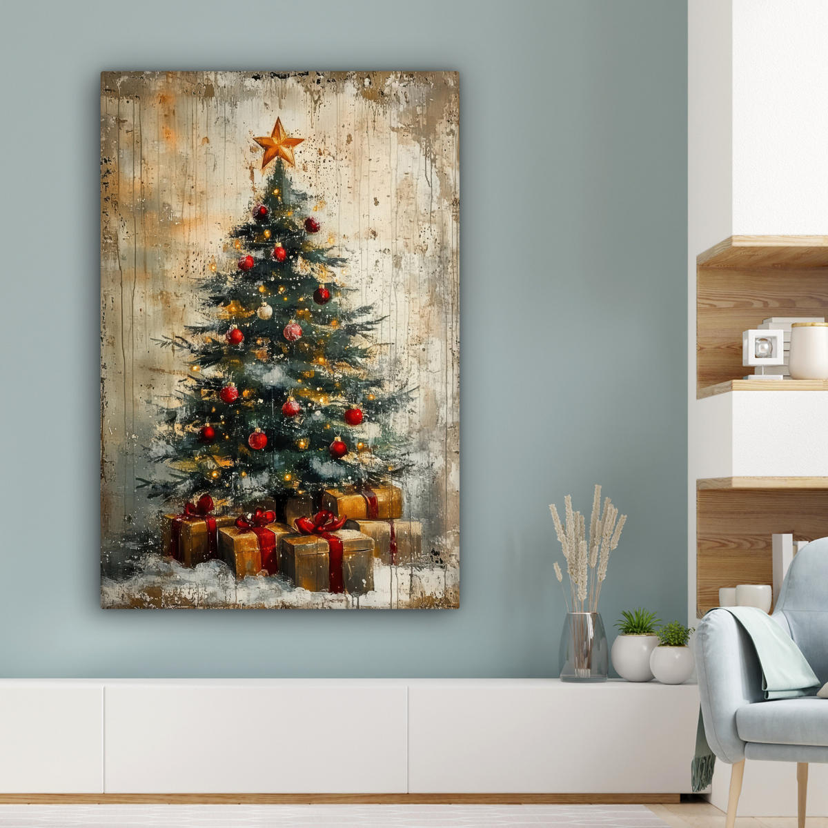 LEINWANDBILD Weihnachtsbaum - Vintage - Weihnachten - Geschenk 80x120 cm - Rostfarben, Textil (80/120cm) - MuchoWow