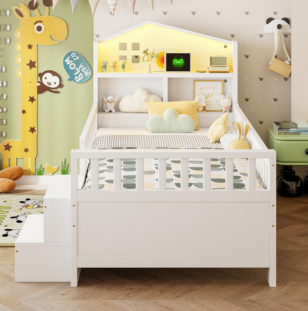 KINDERBETT 90/200 cm mit LED-Beleuchtung, USB- und Typ-C-Anschluss, 4 Schubladen und Treppe, Weiß - Weiß, Holzwerkstoff (90/200cm) - Redom