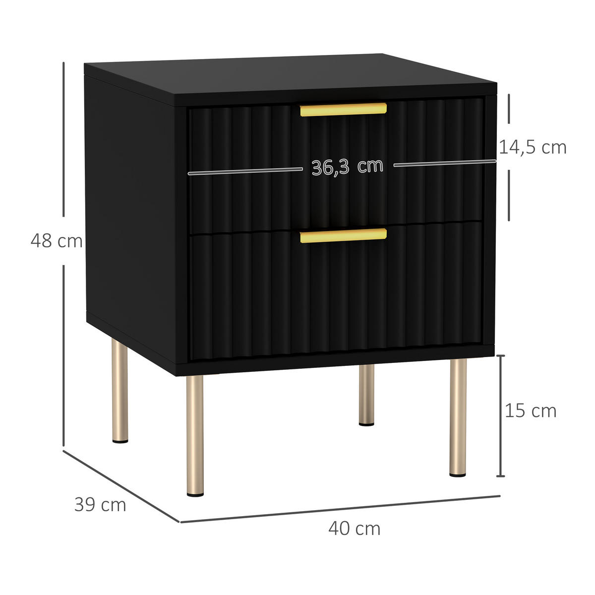 NACHTTISCH Schwarz MDF Stahl 2 Schubladen - Schwarz, Holzwerkstoff (40/48/39cm) - PANGIVO