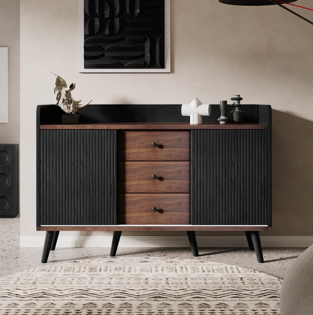 SIDEBOARD mit 3 Schubladen 117,5 x 40 x 80 cm Schwarz Holzoptik - Schwarz, Holzwerkstoff (117.5/80/39.5cm) - Meubliv