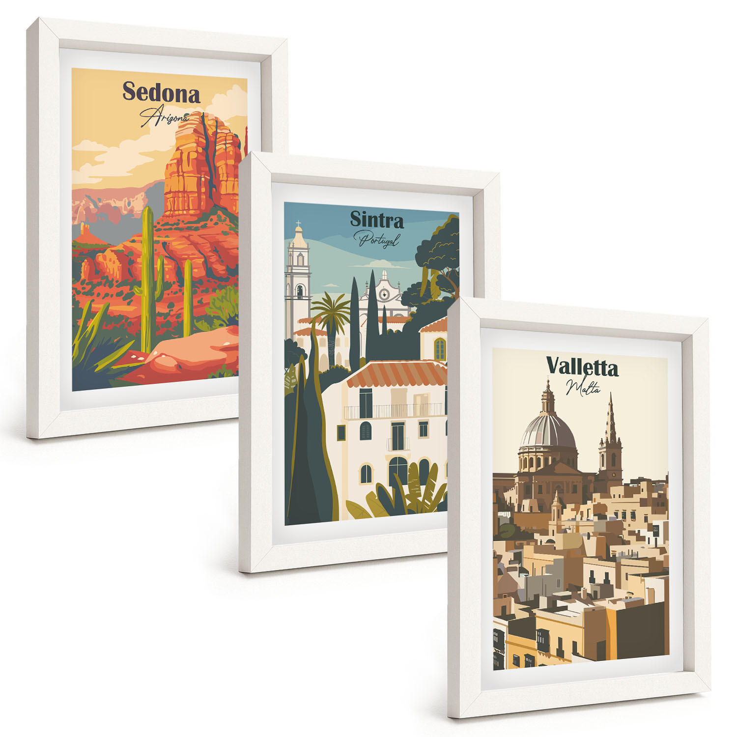 BILDER SET 3er Set - 20x30 cm Weißer Rahmen - Ansichten Sedona Sintra Valletta Retro - Weiß, Kunststoff (20/30cm) - TULUP