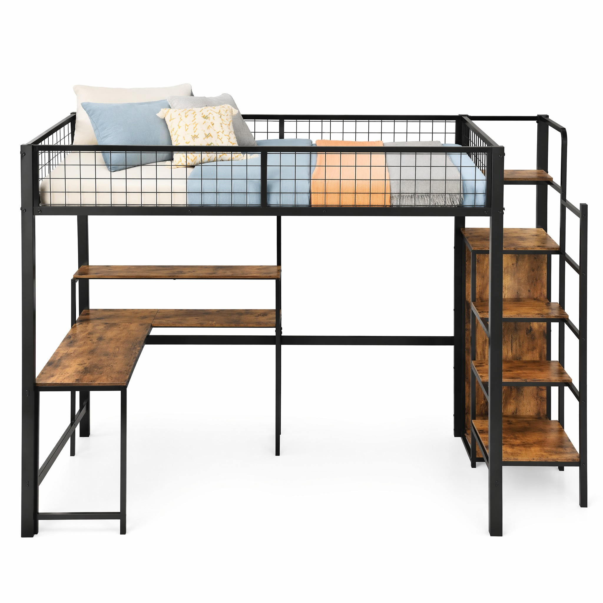 HOCHBETT 140/200 cm in Schwarz & Braun mit Schreibtisch, Regal und Kleiderschrank - Schwarz, Holz/Metall (140/200cm) - STILVORA