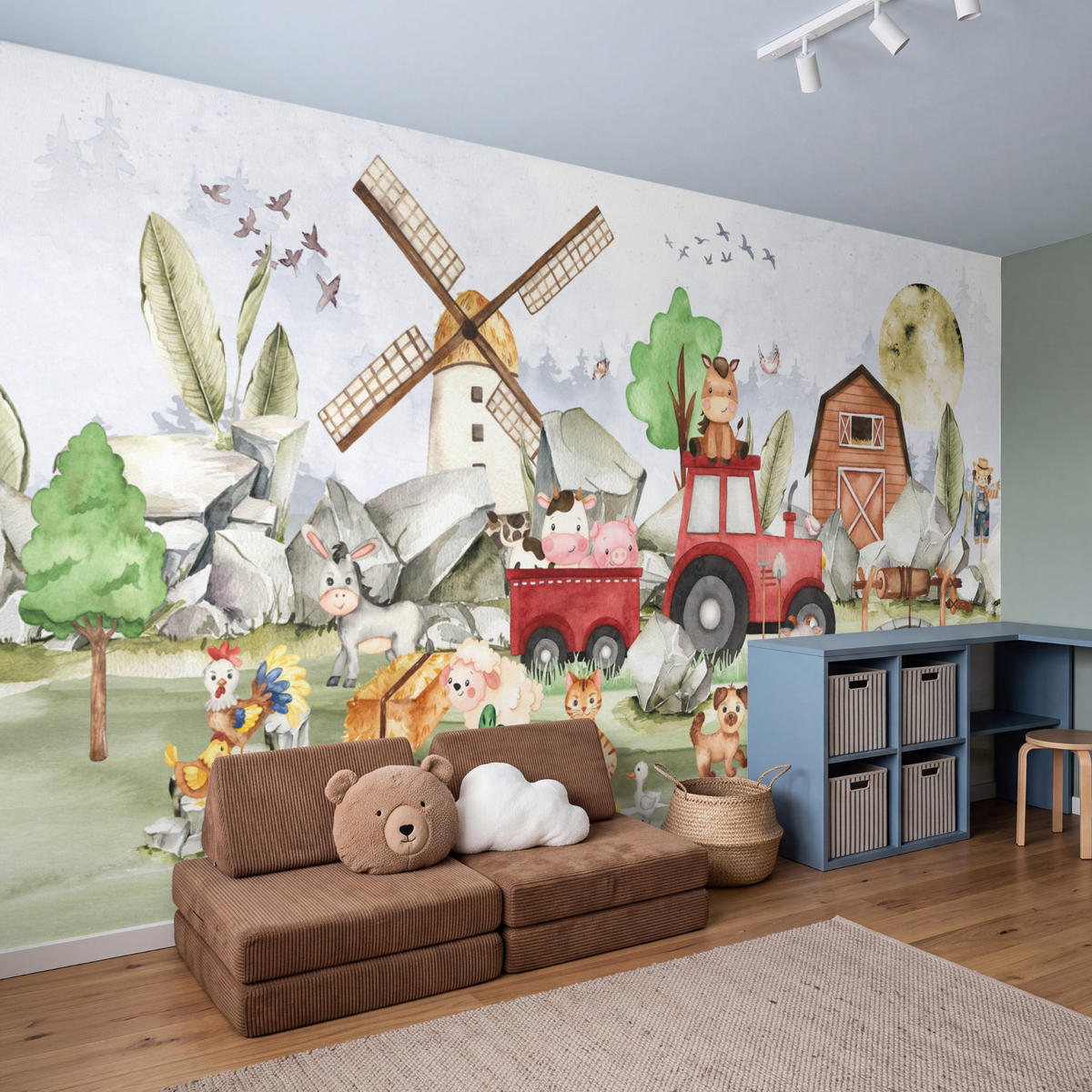 KINDERTAPETE - Bauernhof - Traktor - Kinder - Tiere - 400x200 cm - Weiß, Papier (400/200cm) - OnlyWow