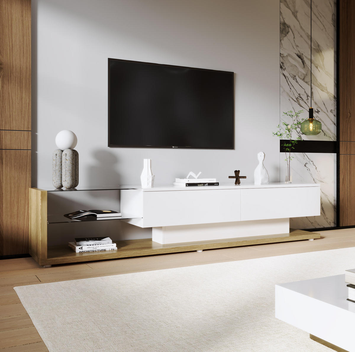 TV-SCHRANK in Weiß Hochglanz mit LED, Schubladen und Glasböden 170/38/36 cm - Weiß, Holzwerkstoff (170/38/36cm) - Redom