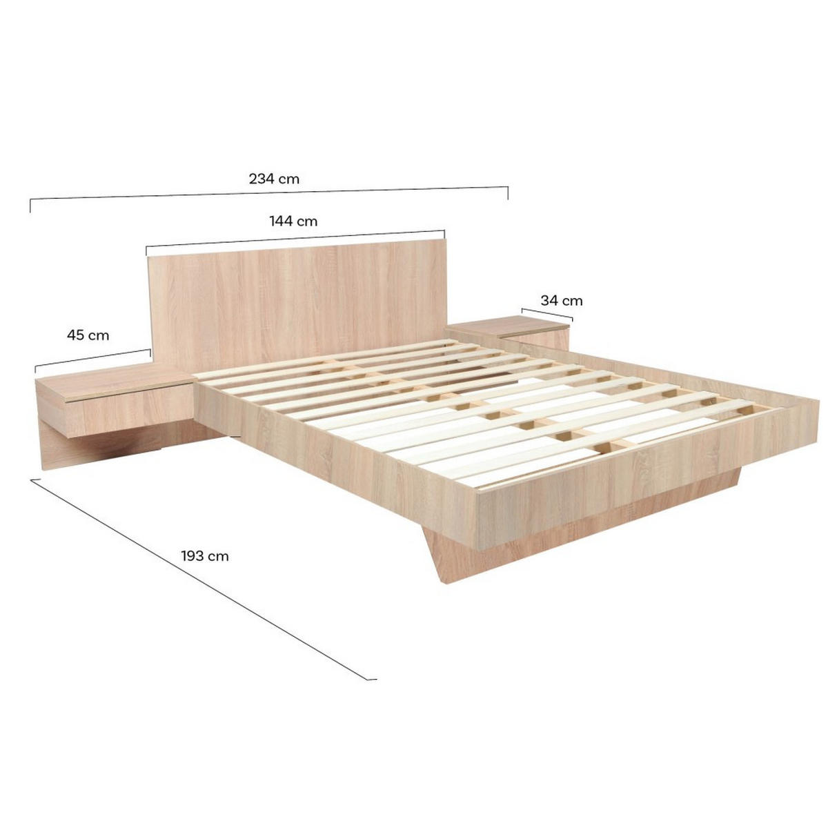 BETT COOL / Bett 140x190 cm + 2 Konsolen + Bettkasten - Gebleichte Eiche Dekor - Sonoma Eiche, Holz/Holzwerkstoff (192.2/234cm) - Weber Industries
