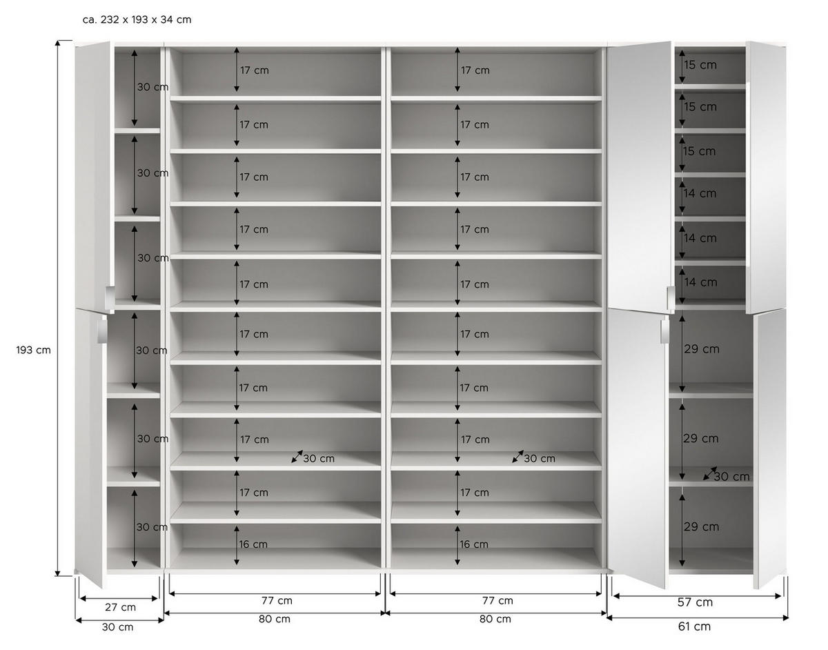 GARDEROBENKOMBINATION 4tlg. Projekt X Garderobe in weiß Nb. und weiß hochglanz B/H/T: 251x193x34 cm - Weiß, Holzwerkstoff (232/191/37cm)