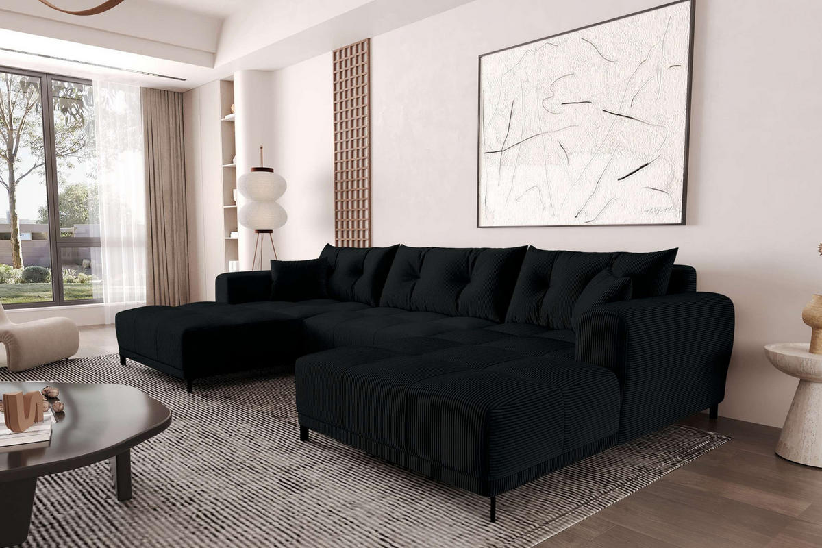 WOHNLANDSCHAFT Massimo Cordstoff Schwarz inkl. Schlaffunktion - Schwarz, Textil/Metall (356/94/181cm) - 99rooms