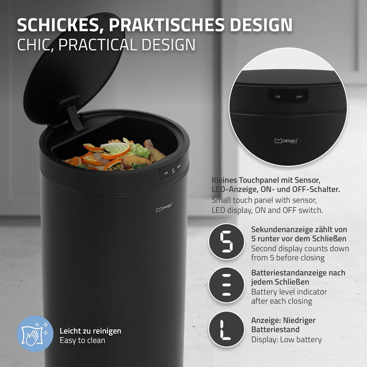 MÜLLEIMER mit Sensor 40L rund aus Stahl Schwarz - Schwarz, Metall (29/68/29cm) - ML-DESIGN