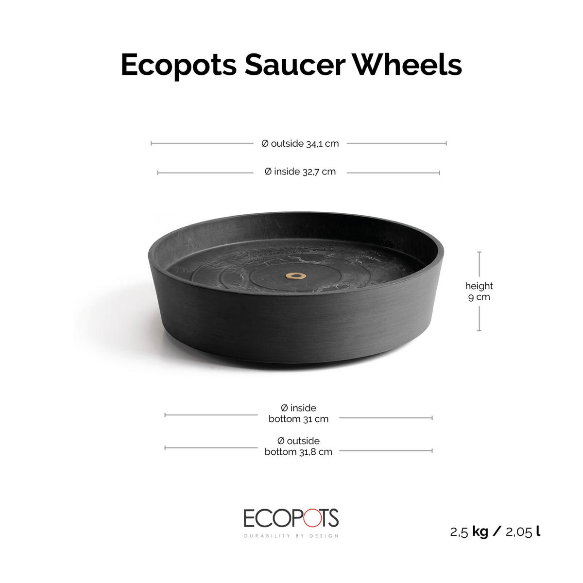 BLUMENTOPFUNTERSETZER mit Rädern 34,1/34,1/9 cm Dunkelgrau - Dunkelgrau, Kunststoff (34.1/9cm) - Ecopots