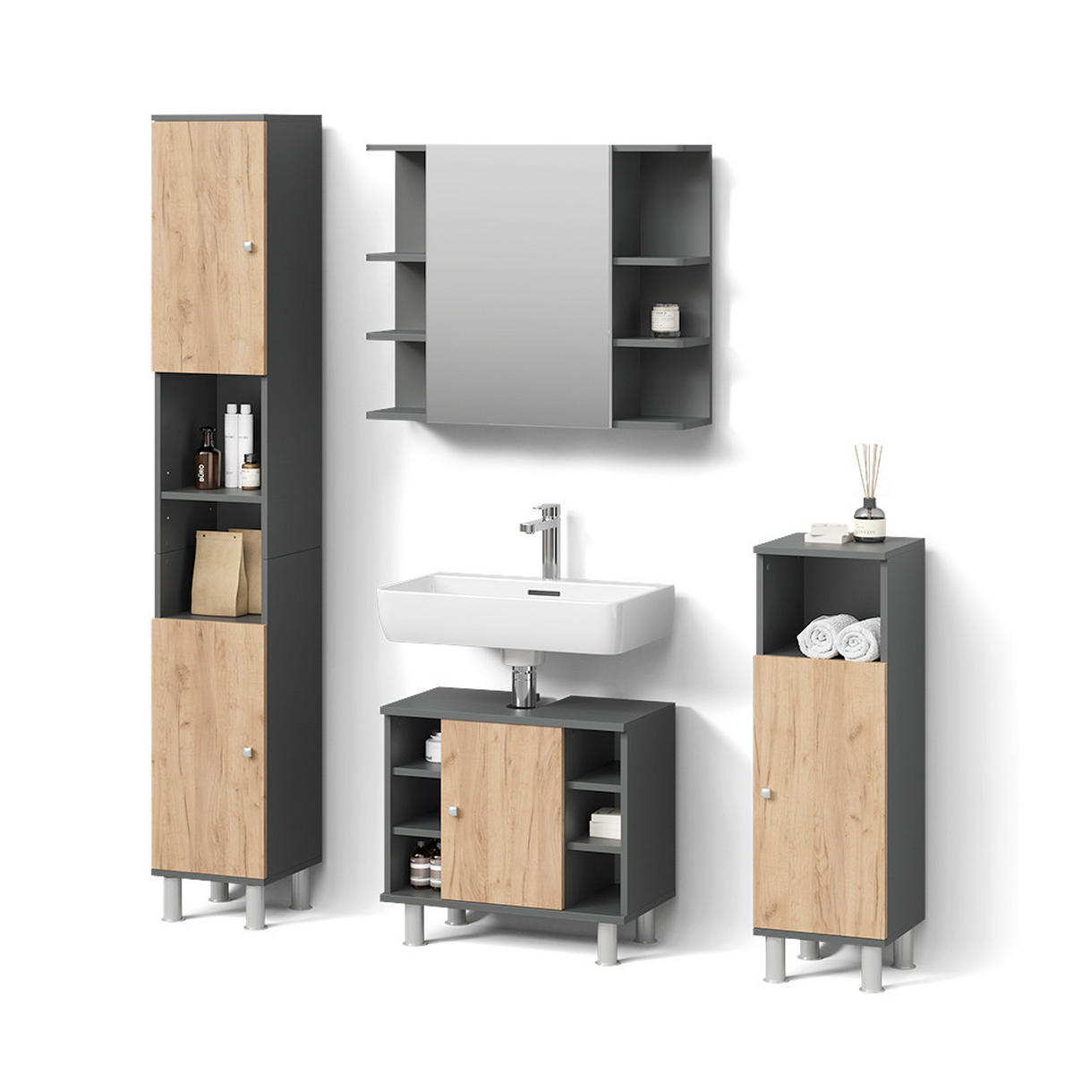 BADMÖBEL-SET Fucino Anthrazit/Goldkraft Eiche 4 Teile - Honigeiche/Anthrazit, Holzwerkstoff (60/54/32cm) - Livinity®