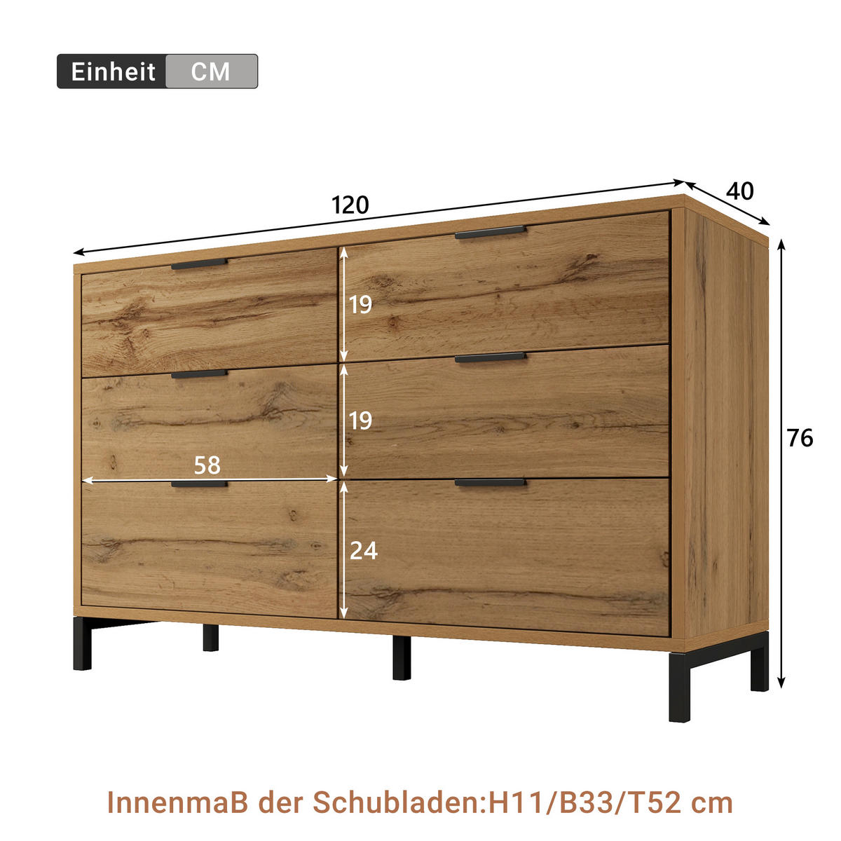 SIDEBOARD 120x40x76 cm Dunkle Eiche mit 6 Schubladen - Alteiche, Holzwerkstoff (120/76/40cm) - FLIEKS