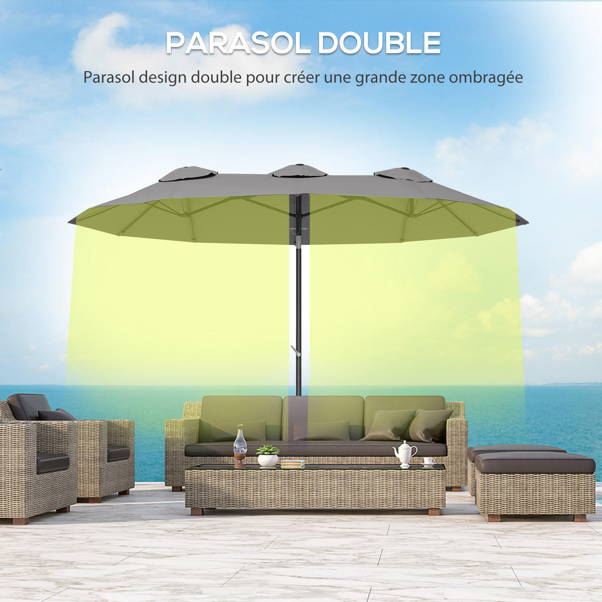 SONNENSCHIRM DE-11478 doppelt, mit Kurbel, 295 x 152 cm Grau - Grau, Textil (152/295cm) - ComfortXL