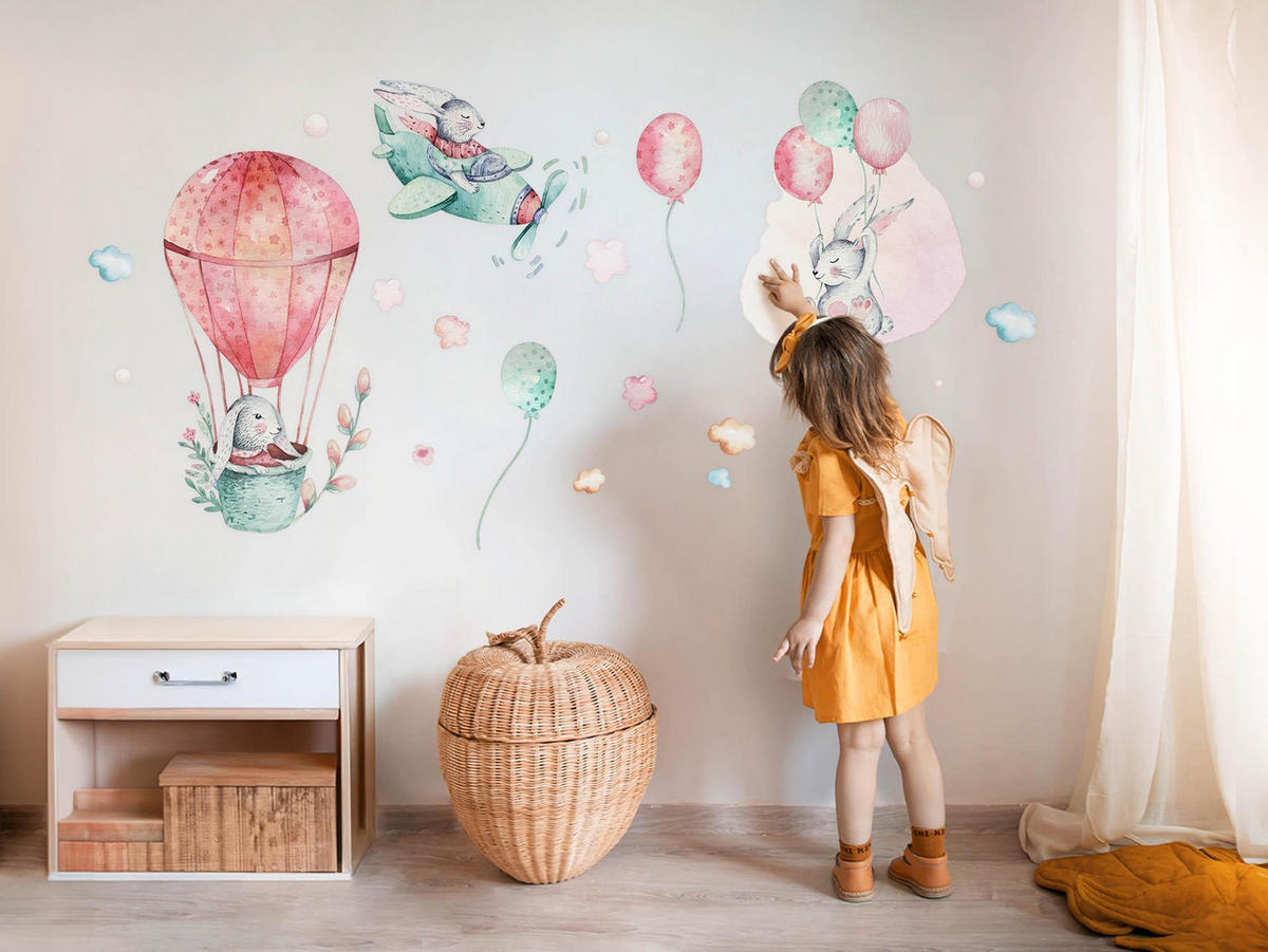 WANDAUFKLEBER 80x94cm - Hasen am Himmel - Multicolor, Kunststoff (80/94/0.1cm) - Wallfluent