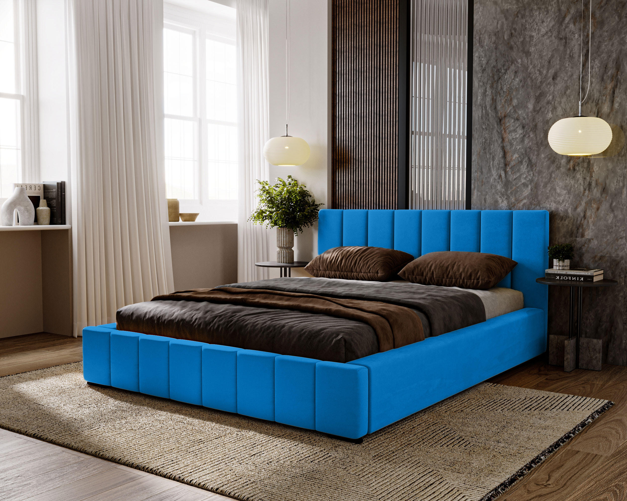 POLSTERBETT Nero 200x200 cm, Doppelbett mit Bettkasten und Lattenrost aus Holz, Velourstoff: Blau - Blau, Holz/Kunststoff (200/200cm) - Marpur