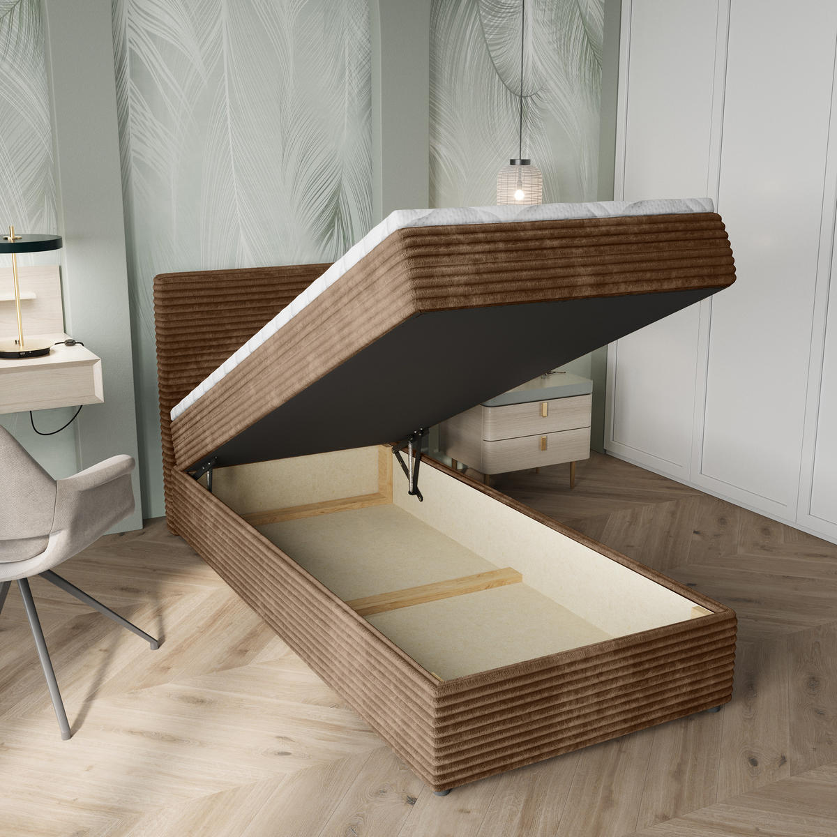 BOXBETT PISA 100 100x200 cm mit Matratze und Topper, H2+H3 - Beige - Beige, Holz (100/200cm) - MASSENO