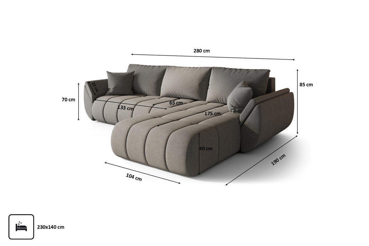 ECKSOFA TOKYO PREMIUM mit Schlaffunktion, Stoff WIND, Braungrau, Rechts - Grau, Holz (280/190cm) - Kaiser Möbel