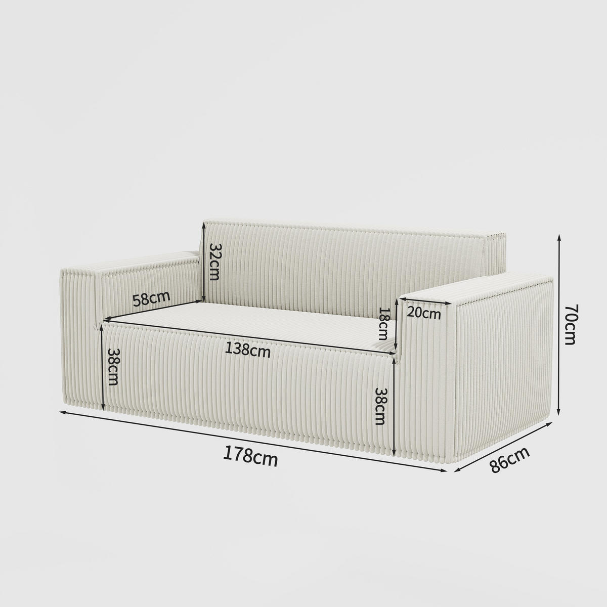 2-SITZER SOFA Cord Off-White - Creme, Textil (178/70/86cm) - WISHDOR