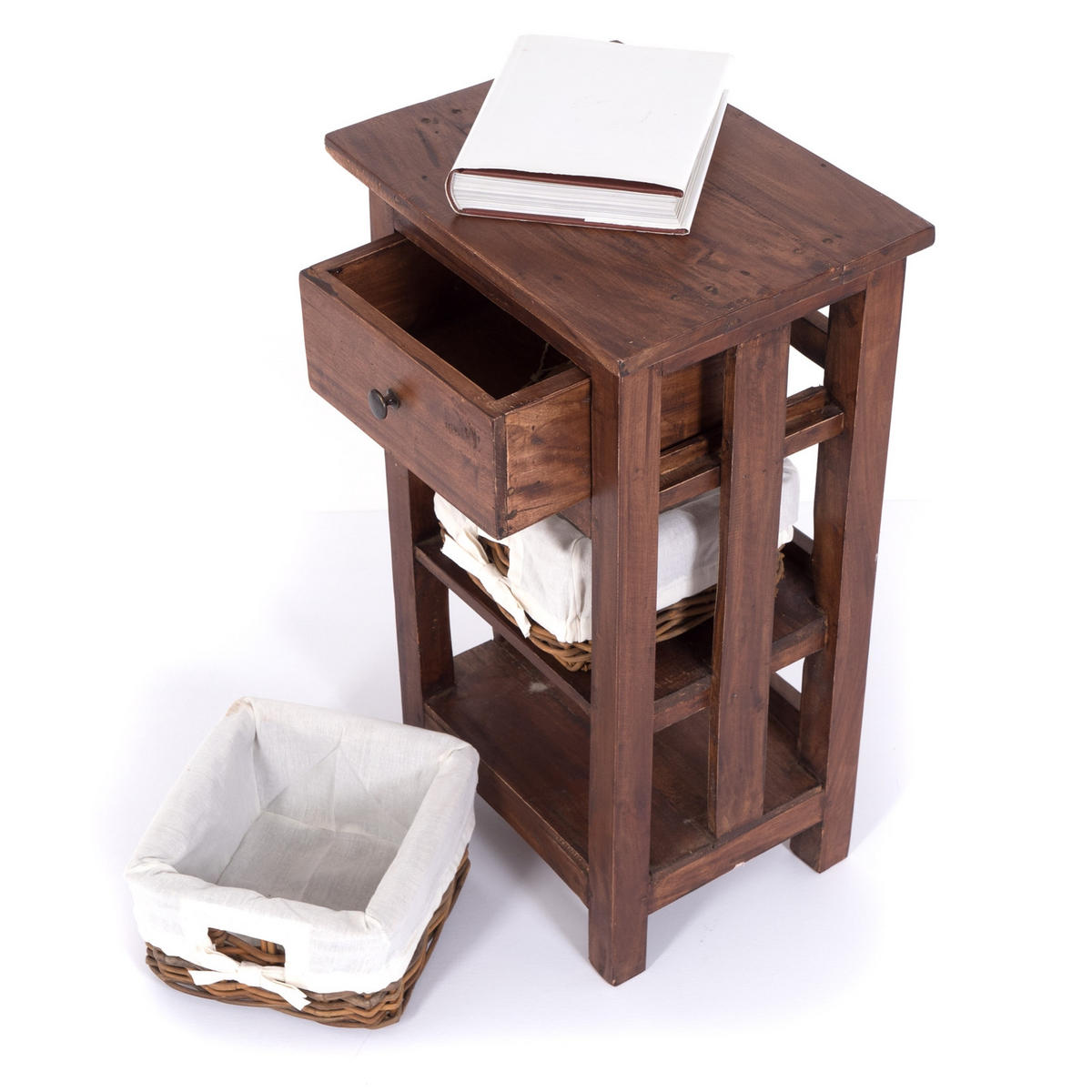 TELEFONTISCH RATTAN 70 mit 2 Rattan-Körben und Schublade, Mahagoni massiv 02 hellbraun - Hellbraun, Holz (28/38/70cm) - DESIGN DELIGHTS