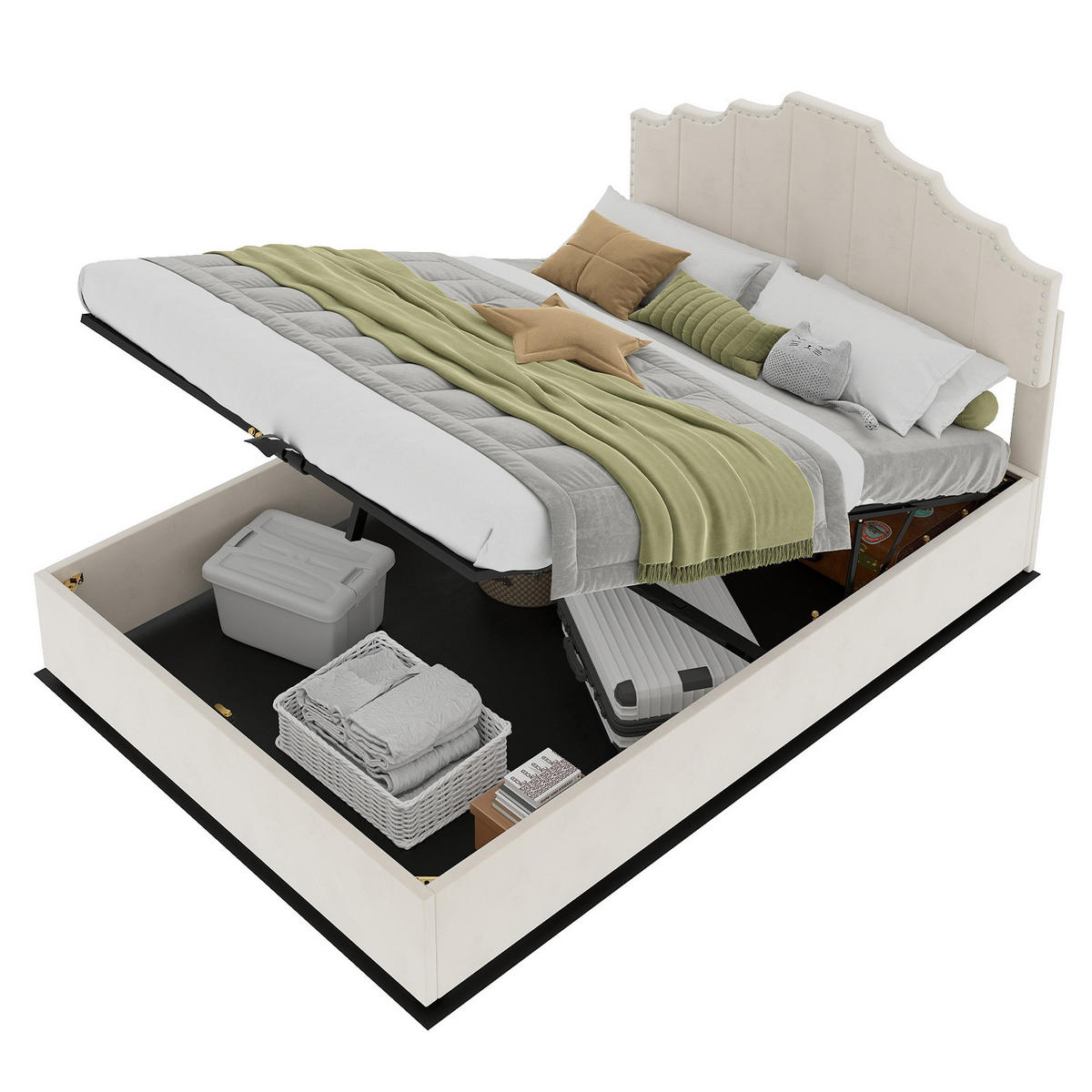 POLSTERBETT 140x200 cm Samt Stauraum hydraulisch beige - Beige, Textil (140/200cm) - Fortuna Lai