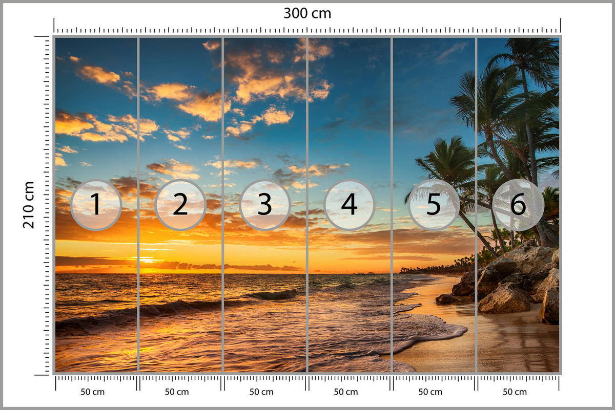 FOTOTAPETE Strand Meer Sonnenuntergang Natur 3D 300x210 - Gelb/Orange, Papier (300/210cm) - Muralo