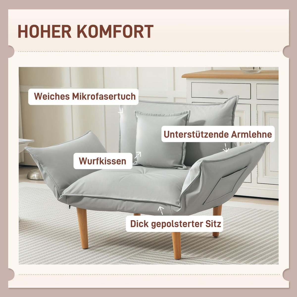 SESSEL 2-in-1, mit Kissen, Hellgrau - Hellgrau, Textil (68/78/75cm) - HOMCOM