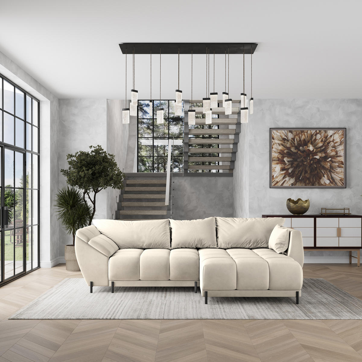 ECKSOFA VESTANO R-S Creme Velours-Stoff mit Schlaffunktion - Creme, Holz (287/182cm) - MASSENO