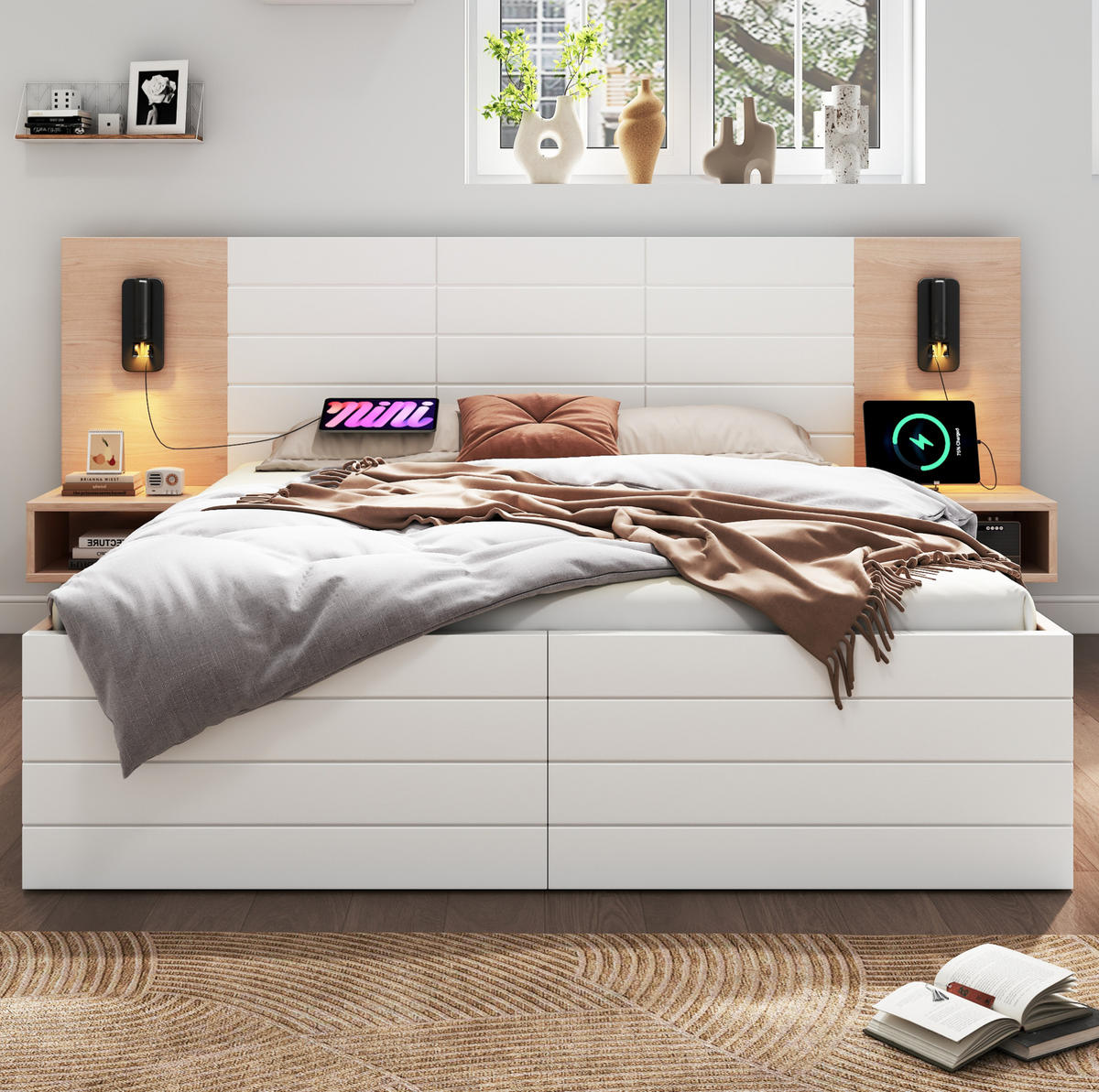 DOPPELBETT 140/200 cm aus Massivholz und MDF mit Leselicht, USB, 2 Schubladen und 2 Nachtkommoden,und Matratze, Weiß/Eiche - Weiß, Holzwerkstoff (140/200cm) - Redom